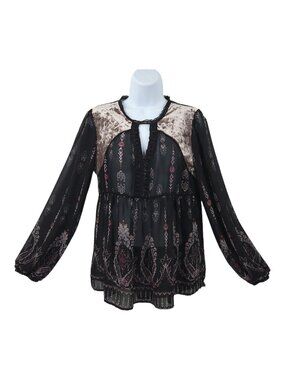 Knox Rose Boho Peasant Top M Black Floral Sheer Lace Velvet Trim Long Sleeve